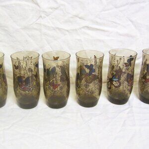 RETRO SET OF 6 TUMBLERS, SMOKEY GLASS W/BUTTERFLY DESIGN